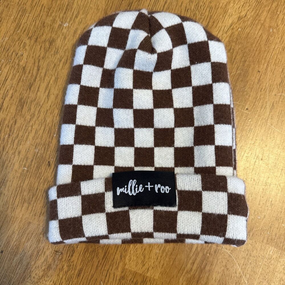 Millie and Roo Kids brown and white check Beanie Hat Toddler Size  Winter Cap